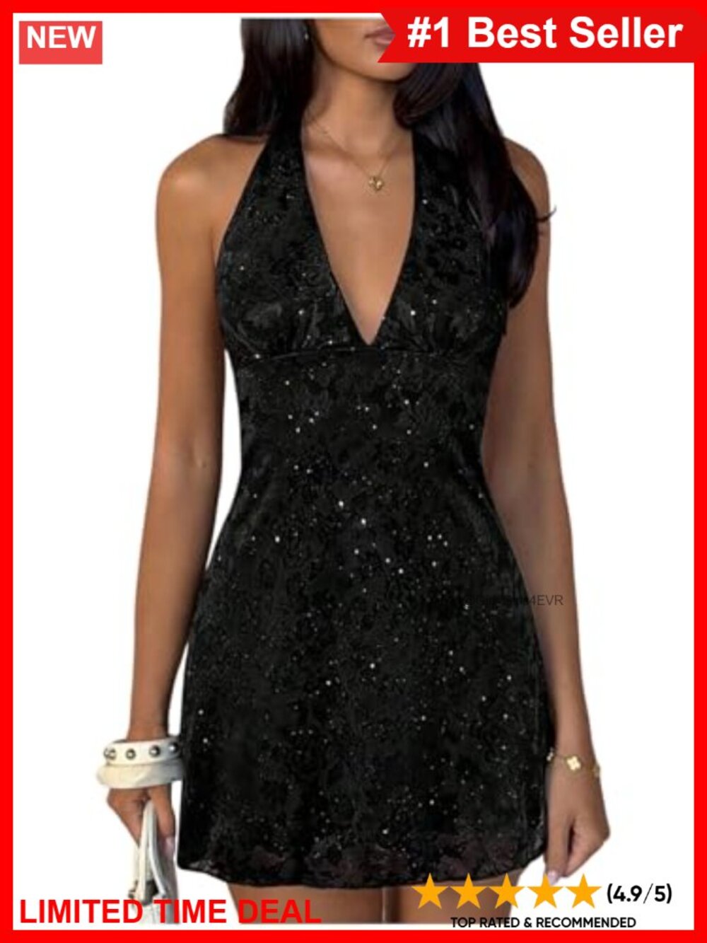Sparkly Halter Mini Dress Glitter Floral Lace Deep V Backless A Line Party